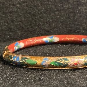 Chinese Handmade Filigree Red Jasper, 20k Gold and Colored Enamel Bracelet